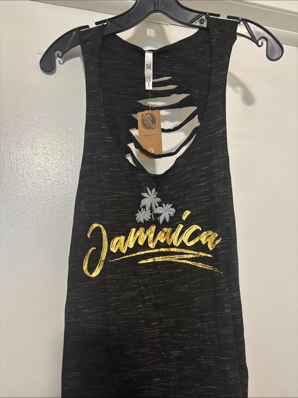 NWT Black Graphic Tank with Gold Jamaica Script Cutout Back